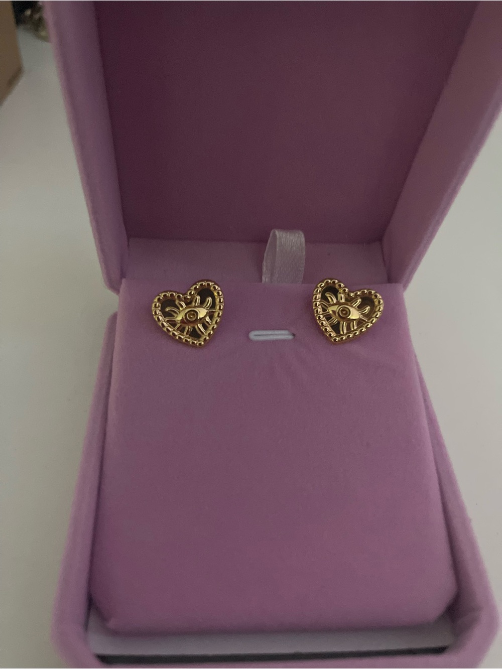 Gold Heart Stud Earrings with Eye Motif - Women's Fashion Jewelry